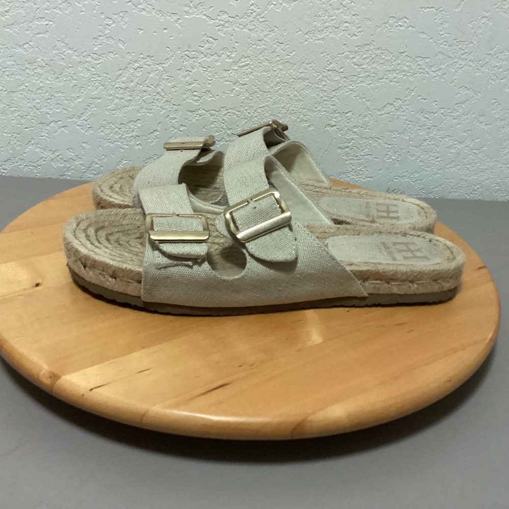 Haute Hippie Canvas Espadrille Flat Sandals Womens 10 Beige Double Buckle Slides - Picture 1 of 11